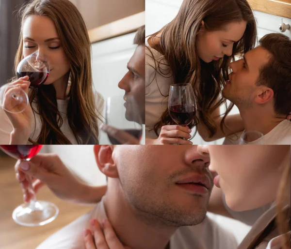 Collage of man looking at girl drinking red wine and holding glasses at home — Stock Photo