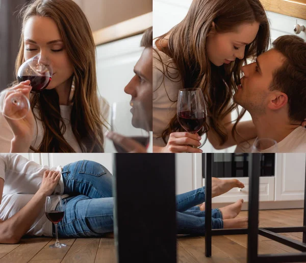 Collage del hombre mirando a la mujer beber vino tinto y acostado en el suelo cerca de copa de vino - foto de stock