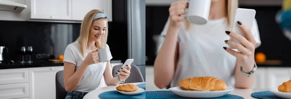 Collage de chica feliz usando teléfonos inteligentes y sosteniendo tazas cerca de croissants - foto de stock