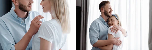 Collage von glücklichen Mann umarmt fröhliches Mädchen zu Hause — Stockfoto