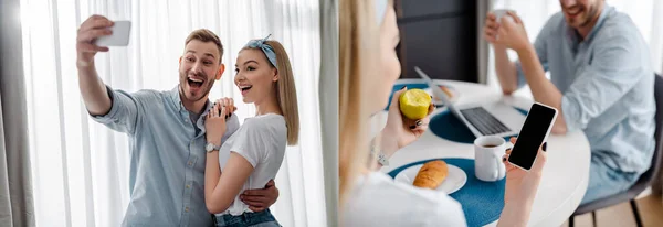 Collage of happy couple taking selfie and girl using smartphone with blank screen near breakfast and man — Stock Photo