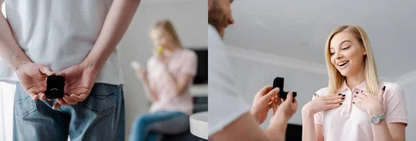 Collage de la caja de espera del hombre detrás de la espalda y hacer propuesta a la chica emocionada con el teléfono inteligente - foto de stock