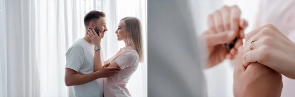 Collage eines Mädchens mit Verlobungsring am Finger, das Gesicht eines gutaussehenden Mannes berührt und Hände hält — Stockfoto