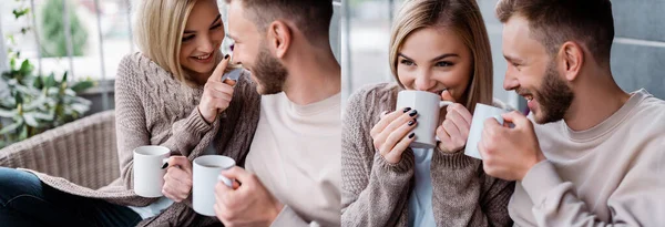 Collage of happy girl touching nose of boyfriend and drinking coffee outside — Stock Photo