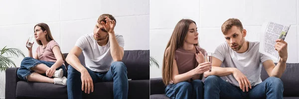 Collage with emotional couple with glass of water and newspaper at home — Stock Photo