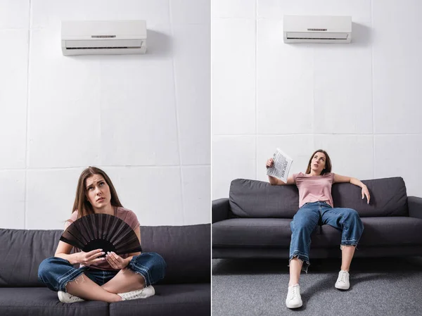 Collage with exhausted woman suffering from heat while using newspaper aand hand fan at home with broken conditioner — Stock Photo