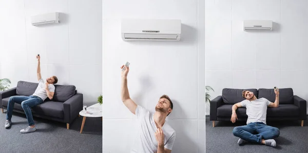 Collage con hombre confundido sosteniendo mando a distancia y sufriendo de calor con el aire acondicionado roto en casa, encabezado del sitio web - foto de stock