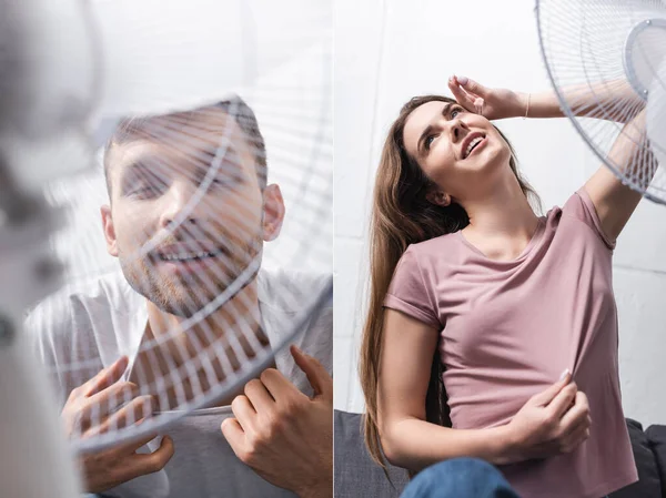 Collage with happy young couple with electric fan at home during summer heat — Stock Photo