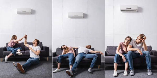 Collage with tired couple suffering from heat while sitting home with broken air conditioner, panoramic concept — Stock Photo