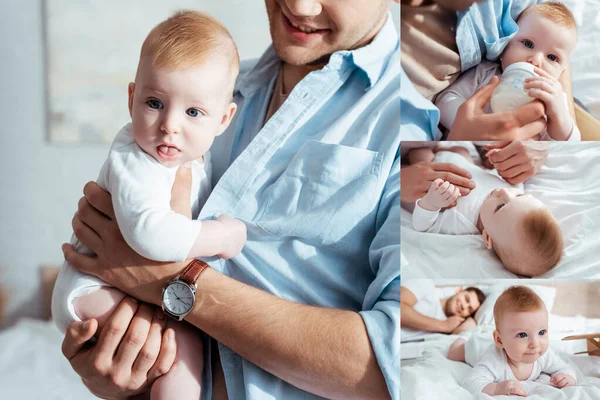 Collage de padre joven sosteniendo pequeño hijo, alimentándolo de biberón y acostado en la cama juntos - foto de stock