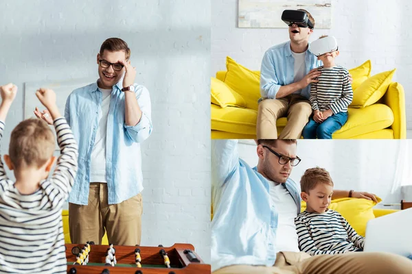 Collage von Vater und Sohn beim Tischkicker spielen, mit Vr-Headsets und Laptop zu Hause — Stockfoto