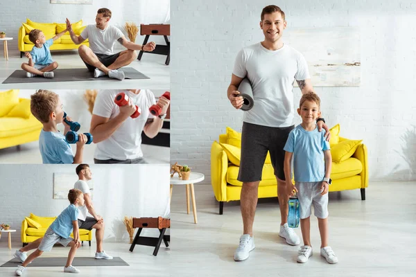 Collage von Vater und Sohn beim Sport zu Hause — Stockfoto
