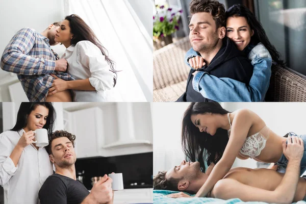 Collage of young couple drinking coffee, embracing on bed and sitting on wicker sofa on terrace — Stock Photo