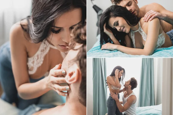 Collage de bel homme embrassant femme souriante sensuelle dans la chambre — Photo de stock