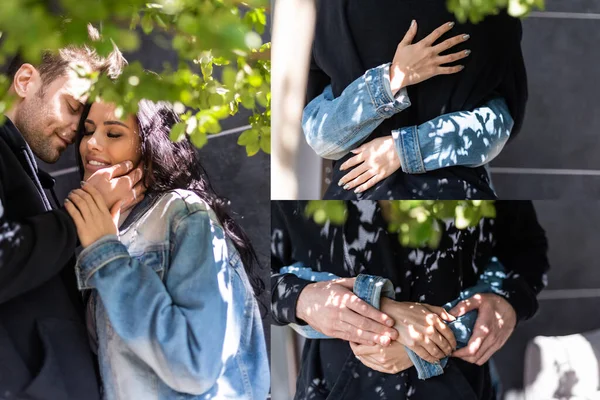 Collage di giovane coppia sorridente che abbraccia vicino all'albero all'aperto — Foto stock