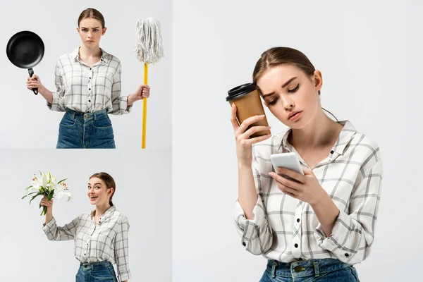 Collage of attractive girl posing like puppet with flowers, household supplies, smartphone and paper cup isolated on grey — Stock Photo