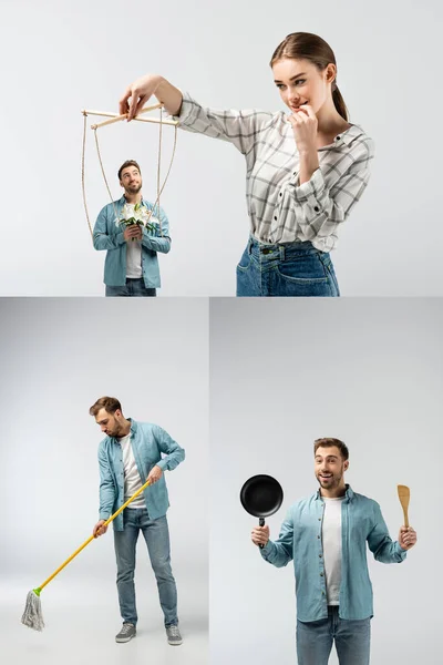 Collage of female puppeteer holding male marionette with flowers, man with mop and frying pan isolated on grey — Stock Photo