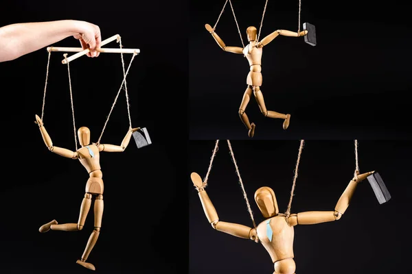 Cropped view of puppeteer and wooden marionette in tie isolated on black, collage — Stock Photo