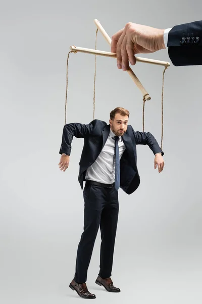 Vista recortada del titiritero sosteniendo marioneta de hombre de negocios en cuerdas aisladas en gris - foto de stock