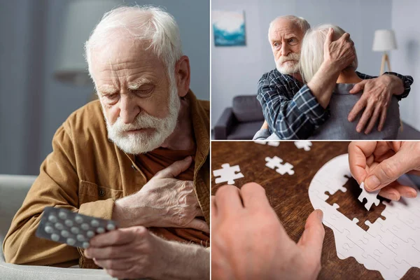 Collage von älterem Mann, der sich schlecht fühlt und Tabletten in der Hand hält, Mann, der seine an Demenz erkrankte Frau umarmt und Frau, die Puzzle sammelt — Stockfoto