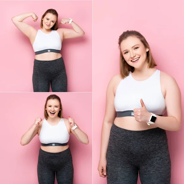 Colagem de menina com sobrepeso emocional mostrando gesto vencedor, polegar para cima, e demonstrando bíceps em rosa — Fotografia de Stock