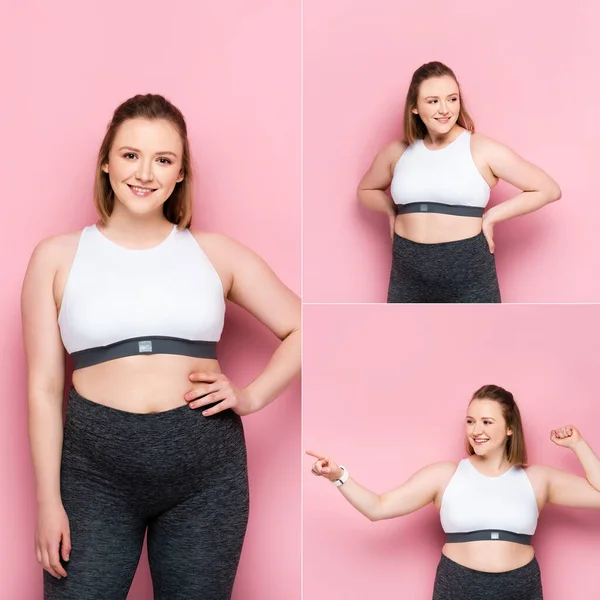 Collage of smiling overweight girl standing with hands on hips and pointing with finger on pink — Stock Photo