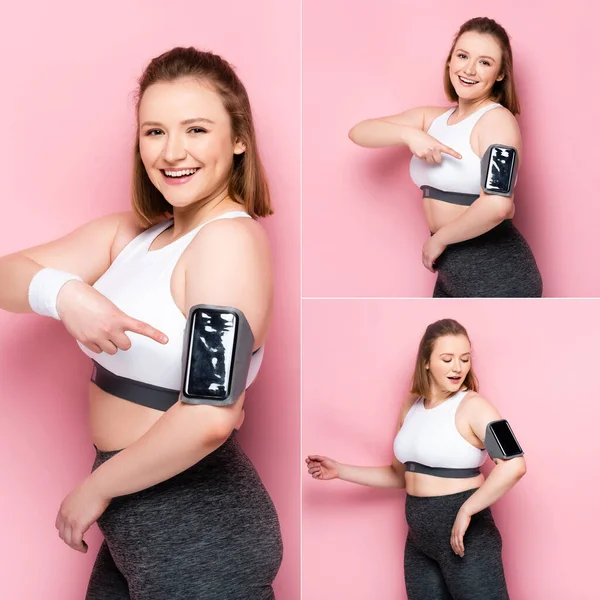 Collage de alegre chica con sobrepeso apuntando con el dedo al smartphone en brazalete en rosa - foto de stock