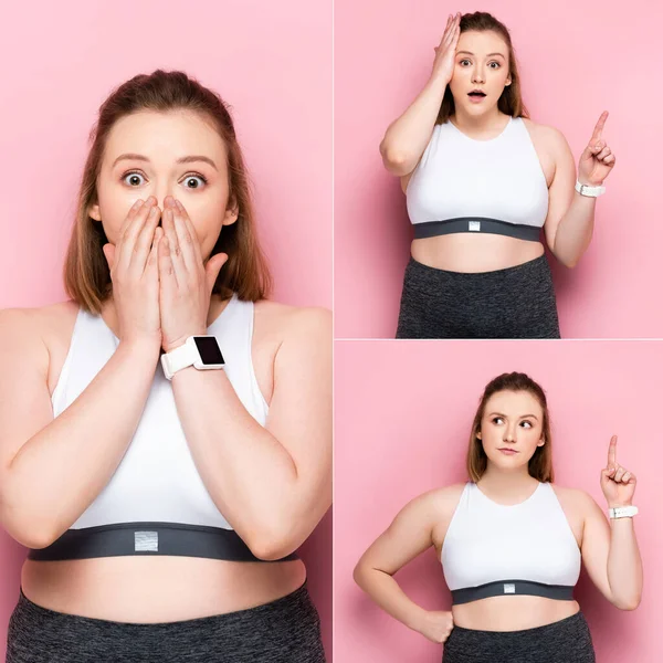 Коллаж шокированной толстой девушки, прикрывающей рот, указывающей пальцем и показывающей жест идеи на розовый — стоковое фото