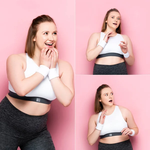 Collage de peur fille en surpoids, et excité fille toucher le menton et regarder loin sur rose — Photo de stock