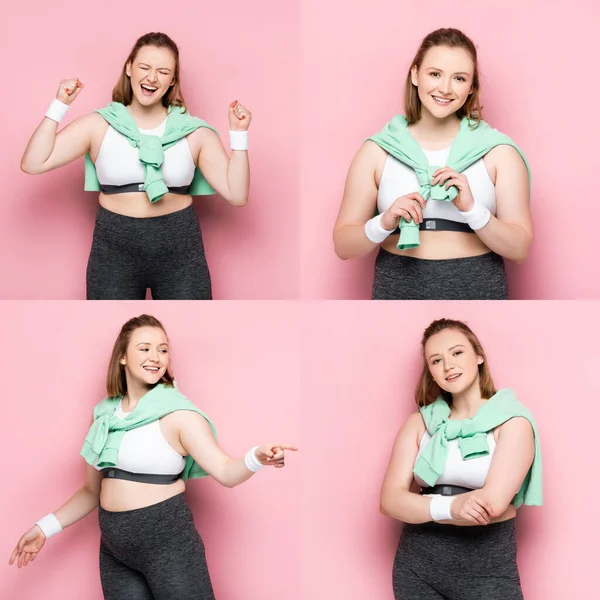 Collage positiver übergewichtiger Mädchen mit Siegergeste, Zeigen mit dem Finger und Stehen mit verschränkten Armen auf rosa — Stockfoto