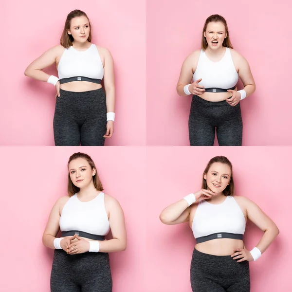 Colagem de menina com sobrepeso em sportswear olhando para longe, gritando, tocando o rosto e olhando para a câmera em rosa — Fotografia de Stock