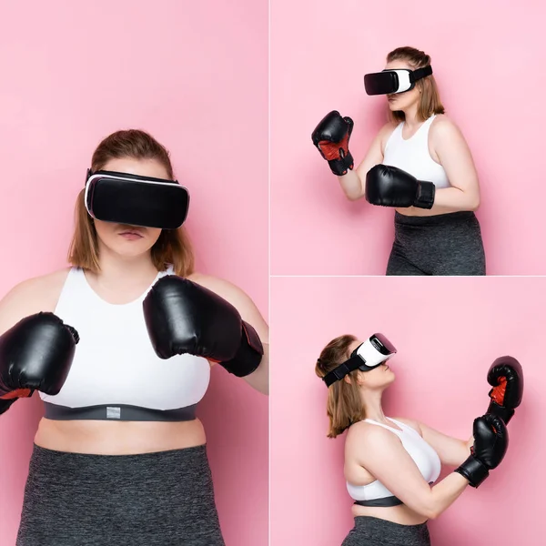 Collage of overweight girl in boxing gloves imitating fighting in vr headset on pink — Stock Photo