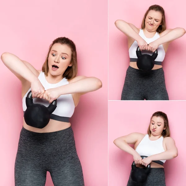 Colagem de emocional menina com excesso de peso sorridente ao levantar peso pesado em rosa — Fotografia de Stock