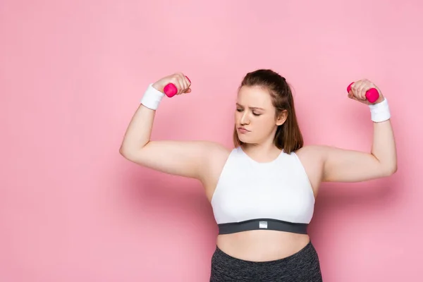 Serious plus size girl training with dumbbells on pink — Stock Photo