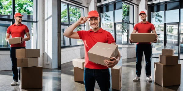 Collage of happy and tattooed delivery man touching cap while standing near boxes — Stock Photo