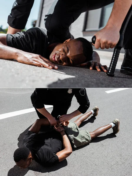 Collage of detained african american man lying on ground near policeman with handcuffs and baton, racism concept — Stock Photo