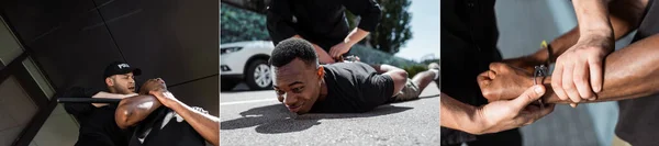 Collage of detained african american man lying on ground near policeman in uniform with handcuffs and baton, racism concept — Stock Photo