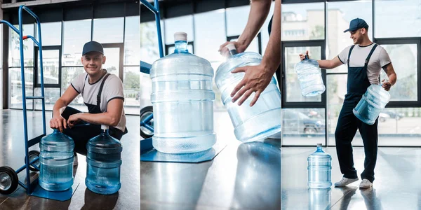 Collage of of delivery man holding bottles with water near hand truck — Stock Photo