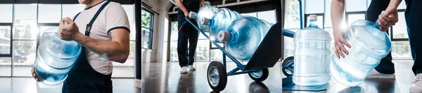 Колаж доставки людини в уніформі тримає вантажівку з очищеною водою в пляшках — стокове фото
