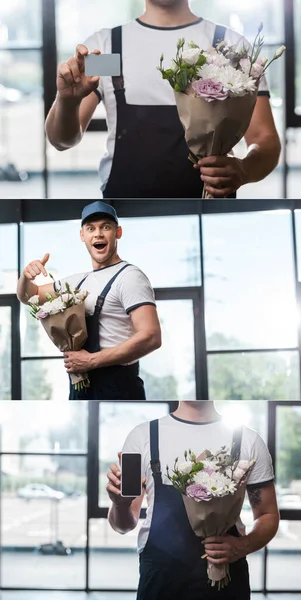 Collage of surprised delivery man pointing with finger at bouquet of flowers and holding smartphone with blank screen and card — Stock Photo