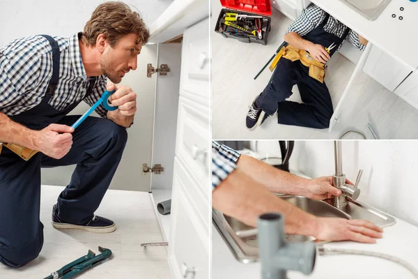 Collage von Klempner hält Isolierband und fixiert Wasserhahn in Küche — Stockfoto