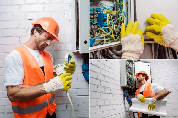 Collage of handsome electrician holding blueprint and fixing wiring near electrical distribution box — Stock Photo