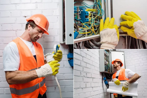 Collage de electricista guapo sosteniendo el plano y el cableado de fijación cerca de la caja de distribución eléctrica - foto de stock