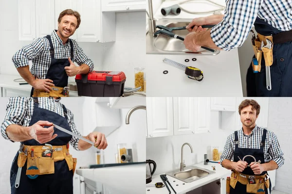 Collage of workman in tool belt fixing faucet and showing thumb up in kitchen — Stock Photo