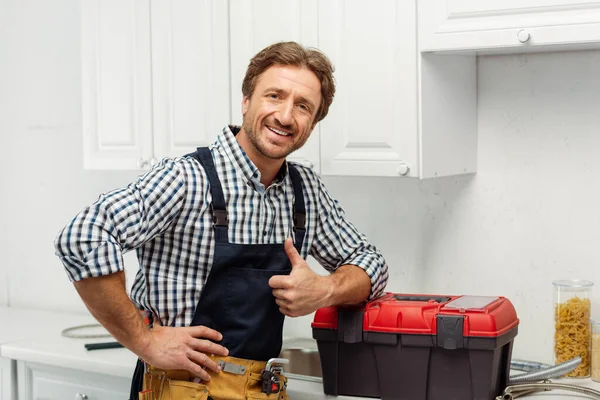 Hübscher Klempner zeigt ähnliche Geste und lächelt in die Kamera in der Nähe der Werkzeugkiste in der Küche — Stockfoto