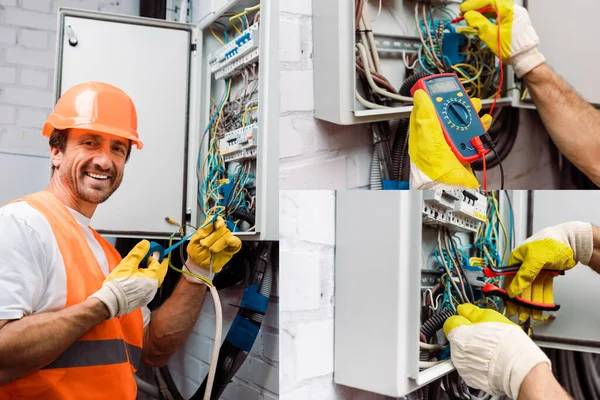 Collage de electricista sonriente fijando panel eléctrico y comprobando voltaje con multímetro - foto de stock