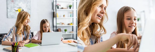 Collage of mother and daughter using laptop during online education at home — Stock Photo