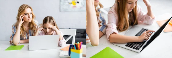 Collage de madre e hija pensativa usando el ordenador portátil cerca de papelería durante la educación en línea en el hogar - foto de stock