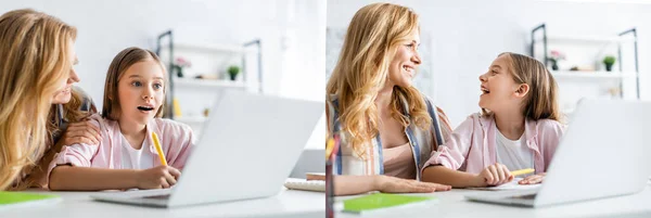 Collage de madre sonriente ayudando a su hija durante la inclinación electrónica en casa - foto de stock