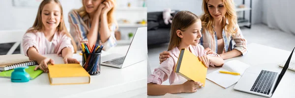 Collage of smiling woman sitting near daughter holding book during electronic learning at home — Stock Photo